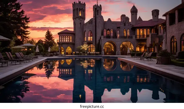 A magnificent castle with a pool reflecting the sunset