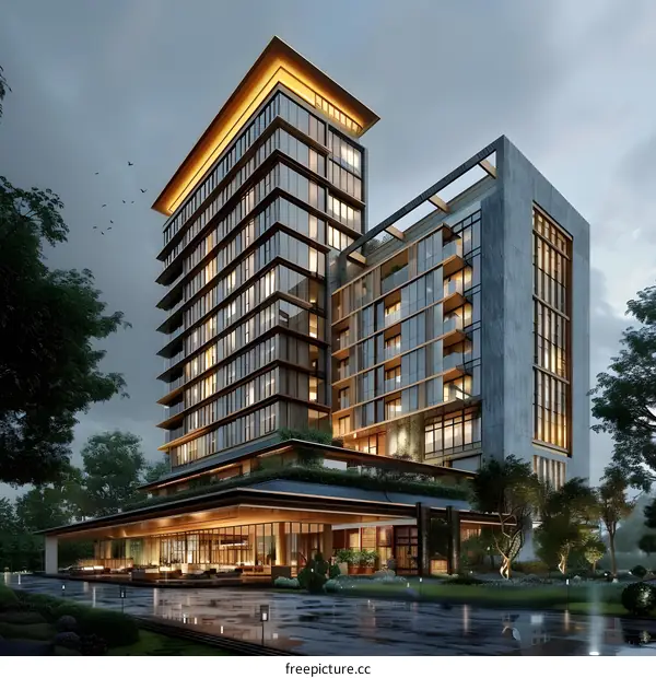 A towering modern hotel building