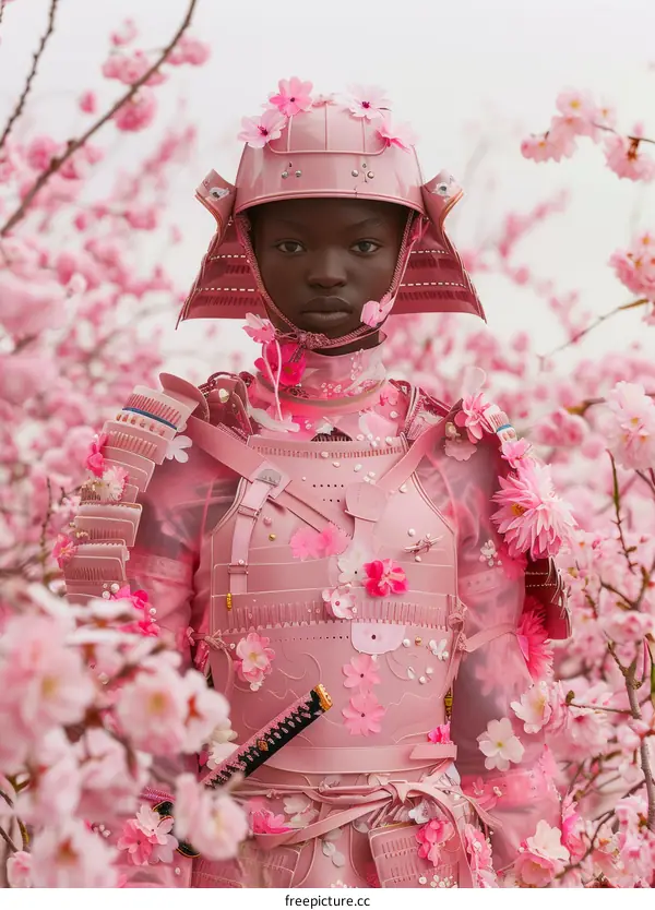 Black Female Warrior with Pink Samurai Armor amidst Cherry Blossoms