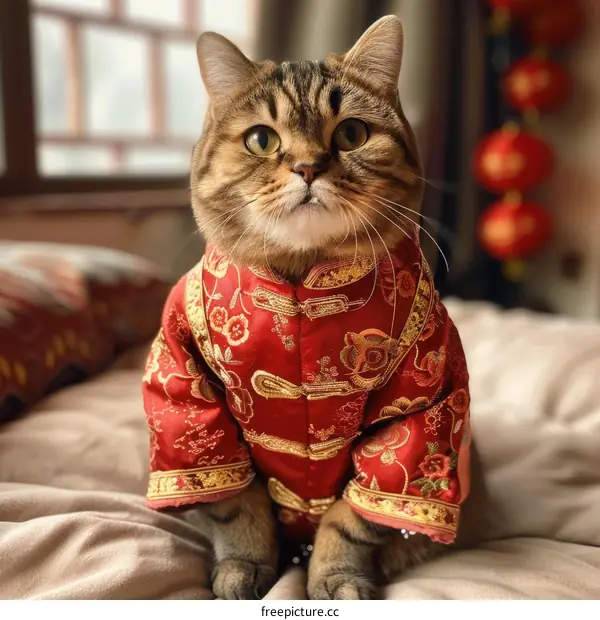 A cat wearing a red and gold Chinese traditional jacket