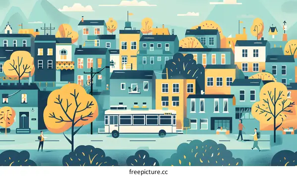 Illustrated Cityscape with People Walking in the Street and a Bus