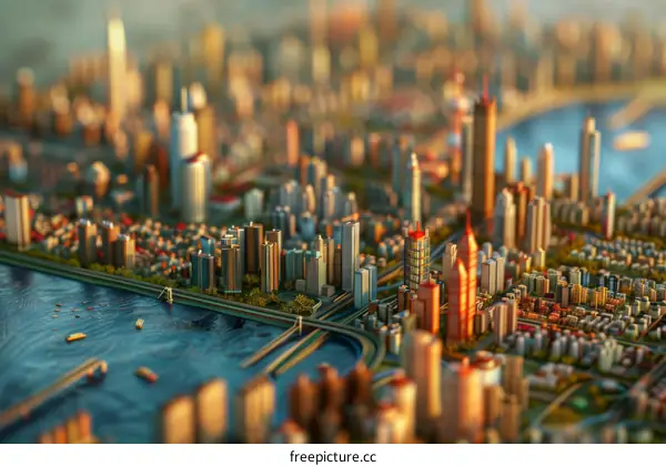 Detailed Miniature City Model with River and Bridges