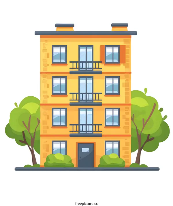 Yellow Building with Balconies and Trees Illustration