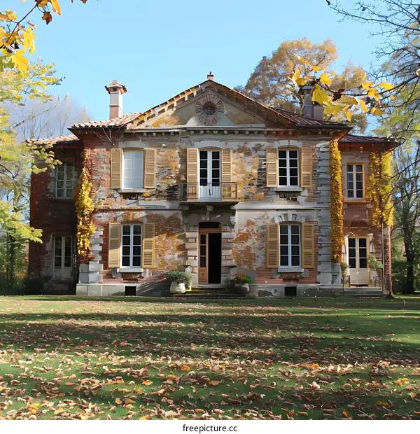 Old Stone House with Ivy and Autumn Leaves