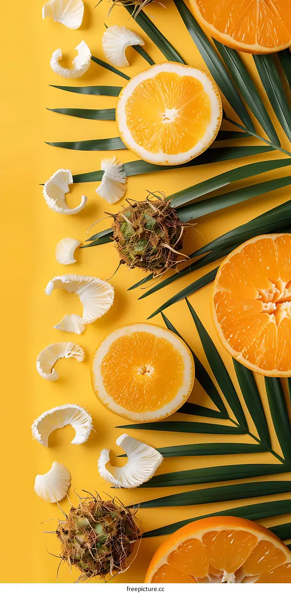 Summer Fruit Flat Lay with Palm Leaves and Oranges