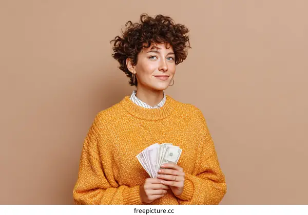 Happy Woman Holding Money Studio Shot