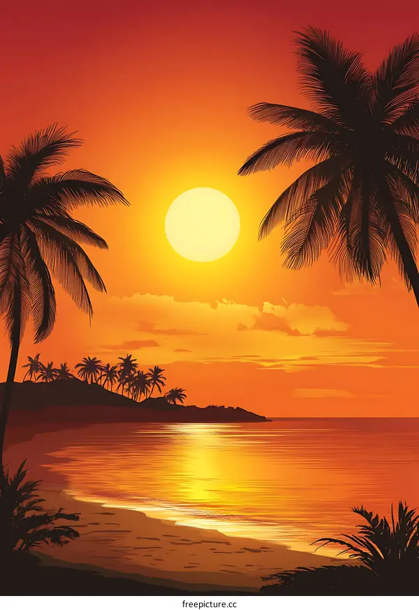 Silhouette Palm Trees Sunset Beach Landscape