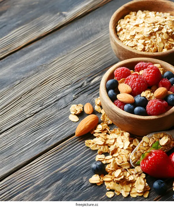 Oatmeal with Berries and Almonds on Wooden Table