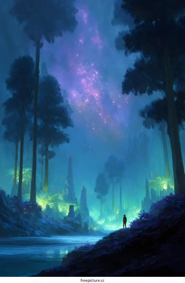 Mystical Forest at Night with a Lone Figure