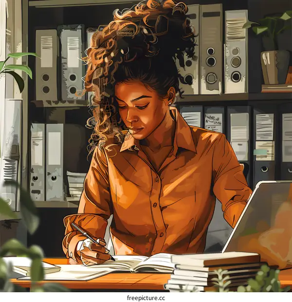 A businesswoman of color writing in her notebook while sitting at her desk