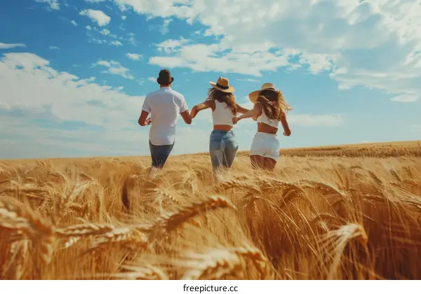 Three friends running through a wheat field