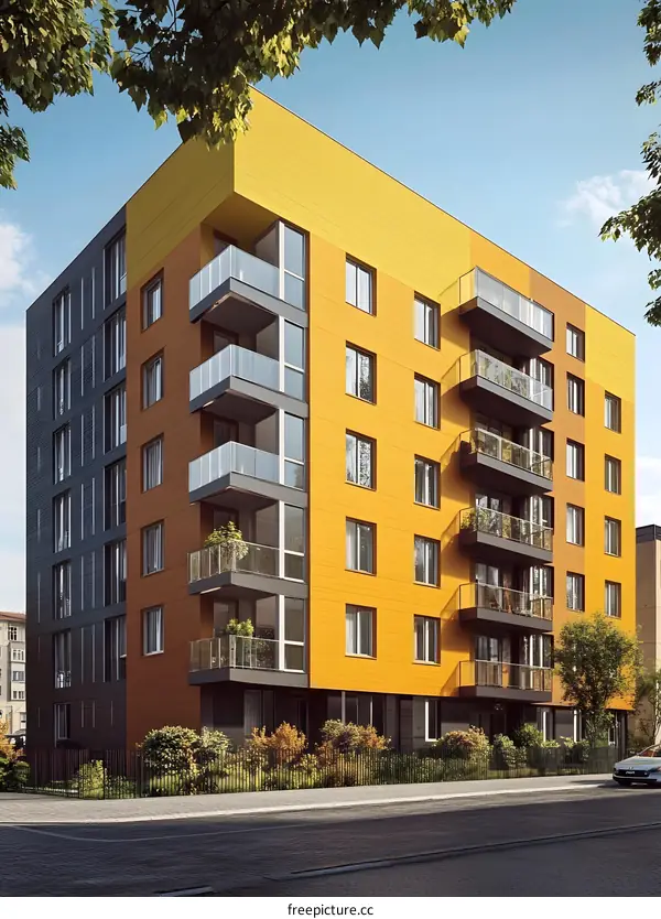Modern Apartment Building With Yellow Facade And Balcony