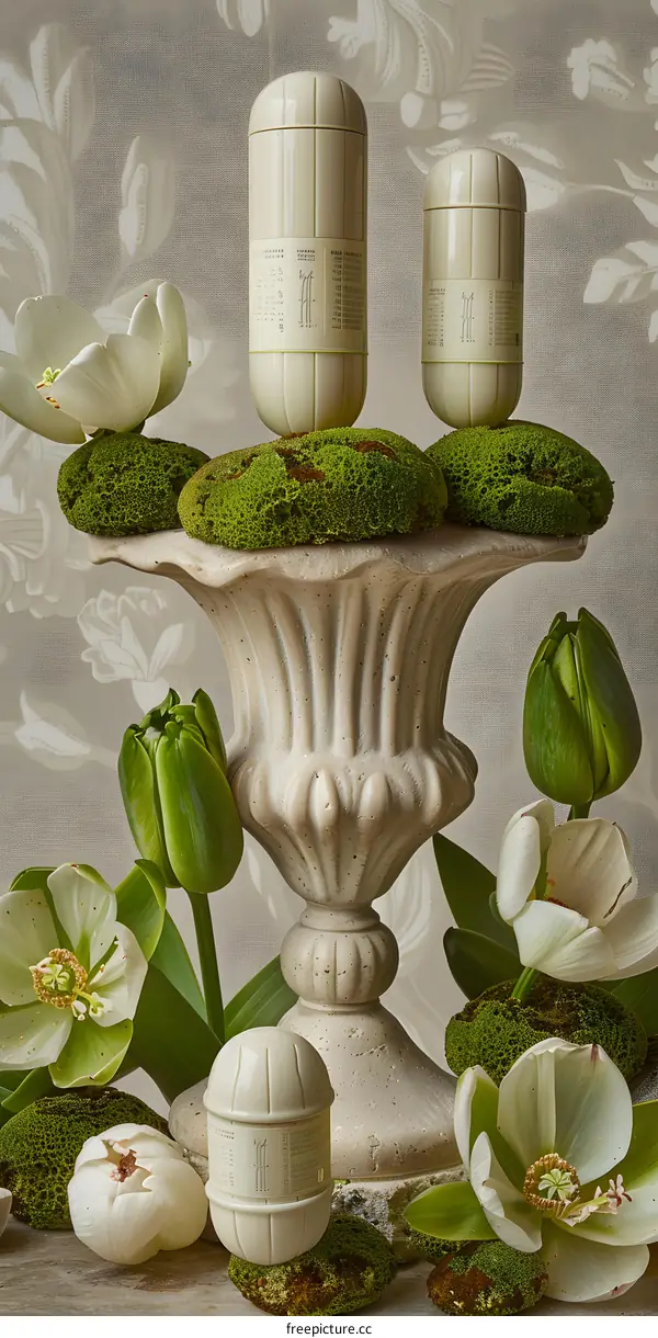 White Candles with Floral Design on a Stone Base