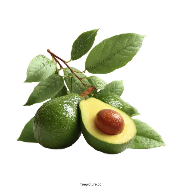 [Transparent Background PNG]Fresh Avocado with Leaves Close-up