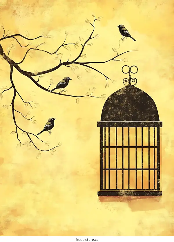 Three Birds on a Branch with an Empty Cage
