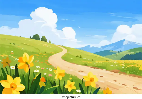 A Beautiful Spring Landscape with Yellow Daffodils and a Winding Path