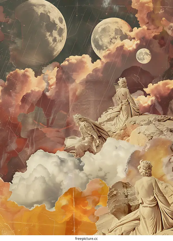 Vintage Collage Art with Statues and Moon