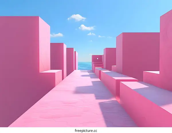 Pink geometric shapes form a path through an abstract landscape