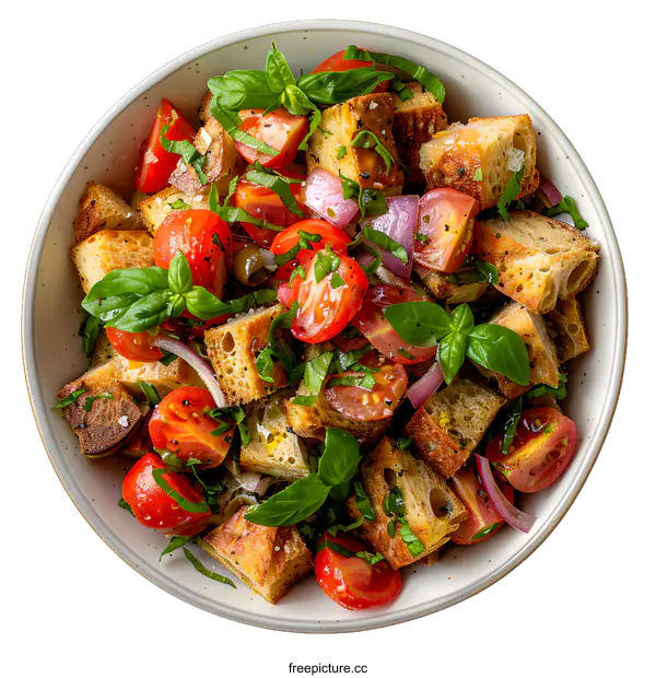 [Transparent Background PNG]Top view of a bowl of panzanella salad with tomatoes, basil, red onion and bread