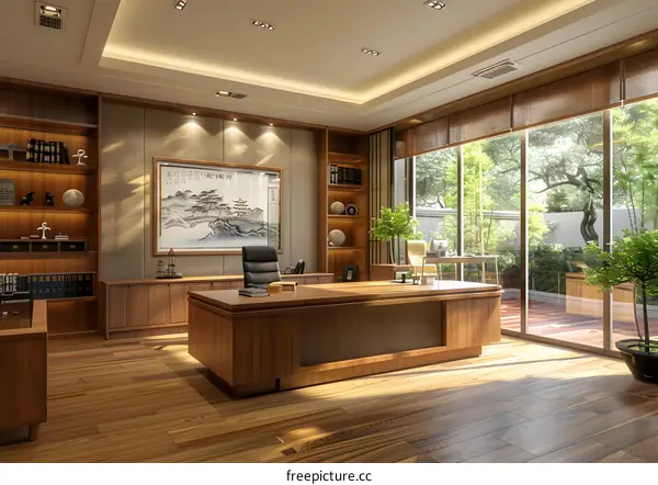 Office interior with wooden desk and large windows