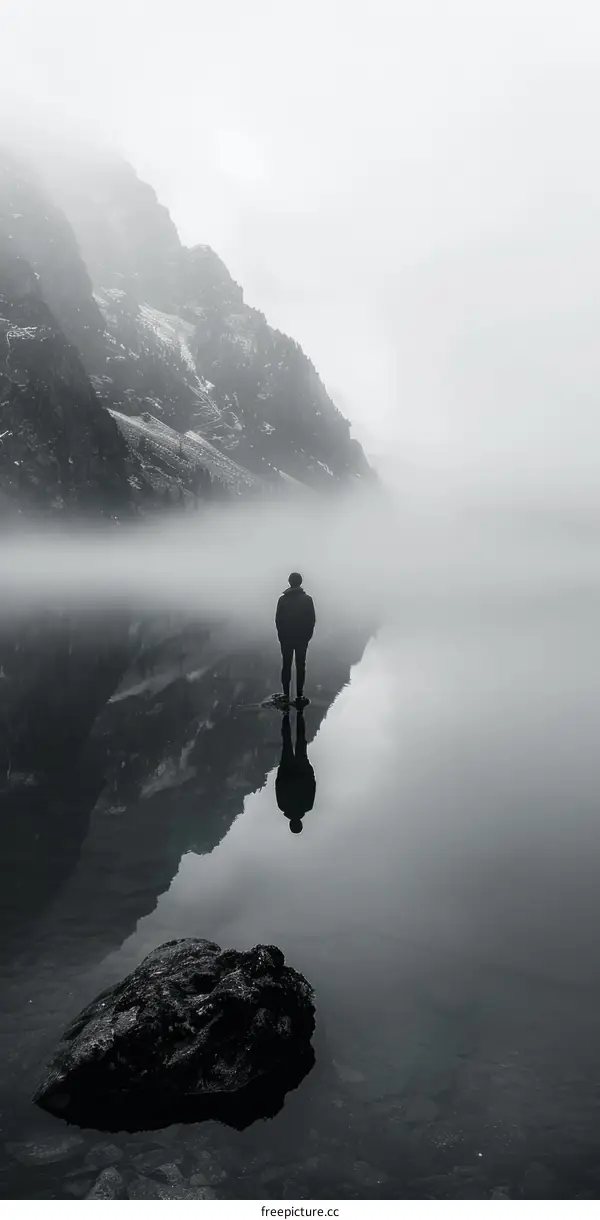 Solitude in the Mist: Man Standing Alone on a Foggy Lake