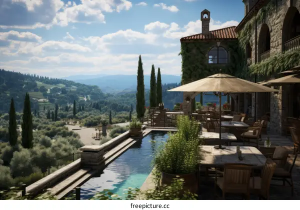 A beautiful villa with a pool and a view of the Tuscan hills