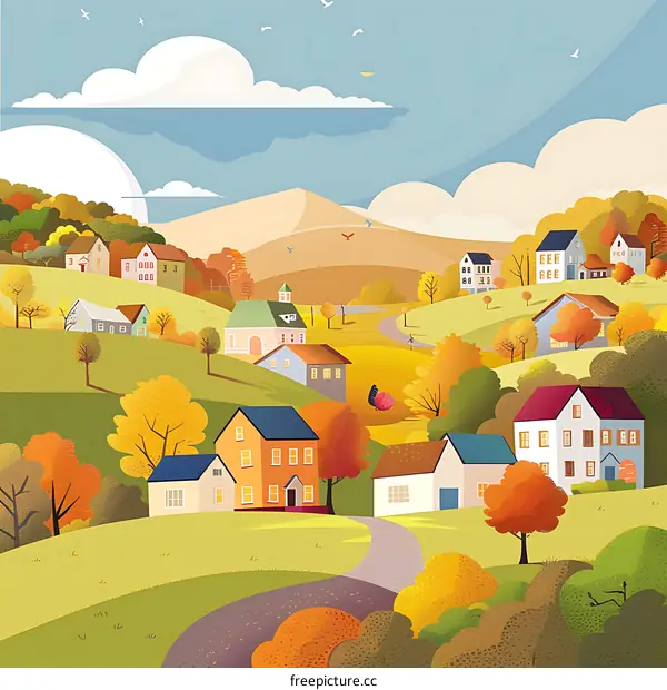 Autumn Village Landscape Illustration