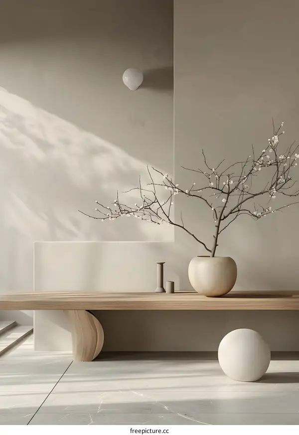 Minimalist Interior Design with Wooden Bench and White Flower Branches