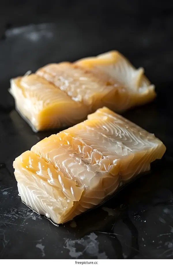 Fresh Raw Cod Fillets on a Black Surface