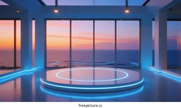 Modern Indoor Space with Large Glass Windows Overlooking Ocean at Sunset
