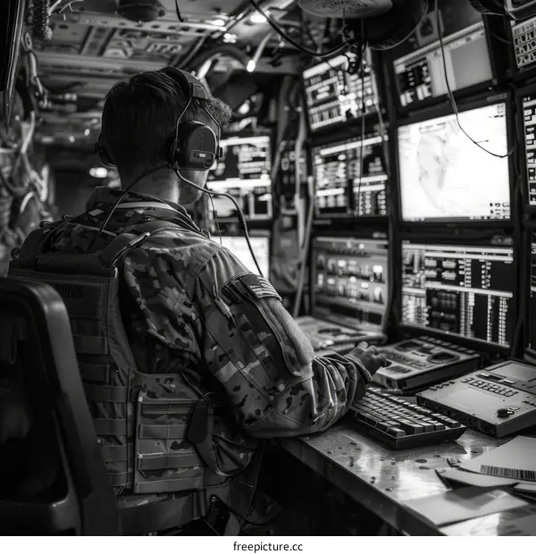 Soldier operates advanced military technology in a command center