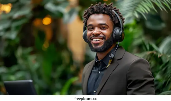 Businessman Wearing Headphones in Outdoor Setting