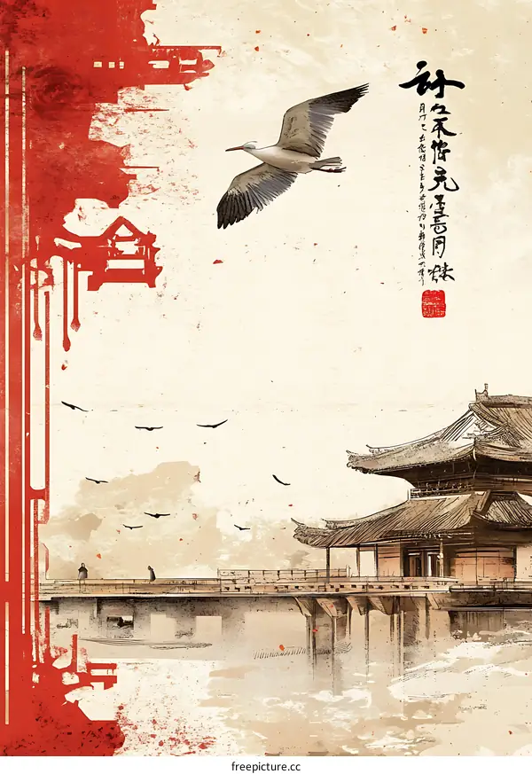 Chinese Style Illustration of a Pagoda with Birds