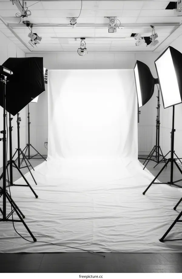Black and white photo of a photo studio with a white background