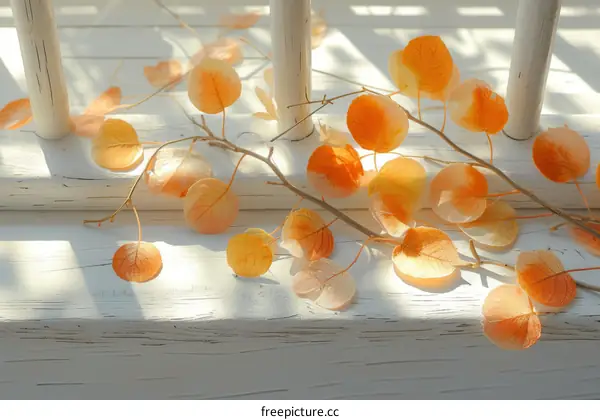 Delicate Autumn Orange Leaves on a Whitewashed Wood Surface