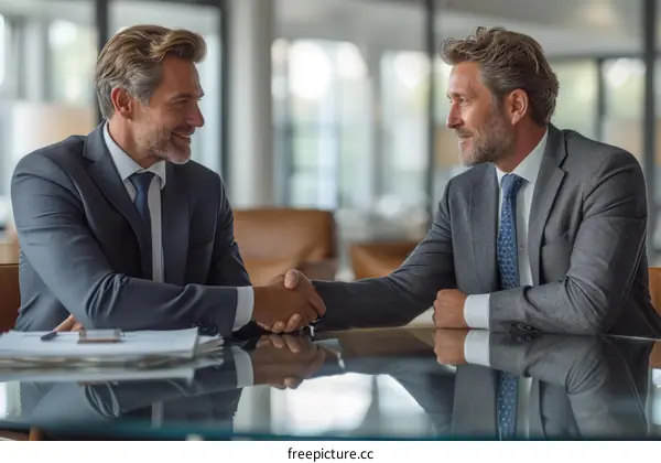 Two businessmen in suits shaking hands over a desk in an office