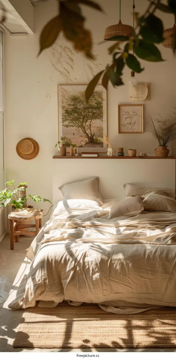 Cozy bedroom with neutral colors and natural materials