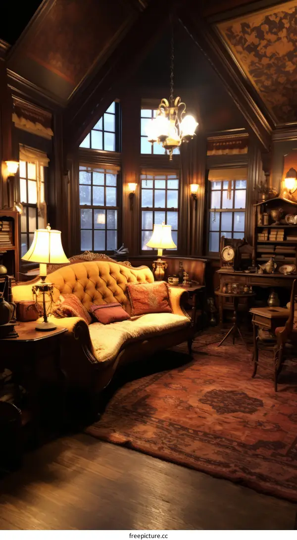 ornate Victorian parlor with sofa and oriental rug