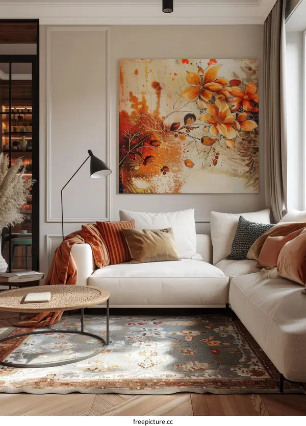 Cozy Living Room with Large Sofa and Flower Painting
