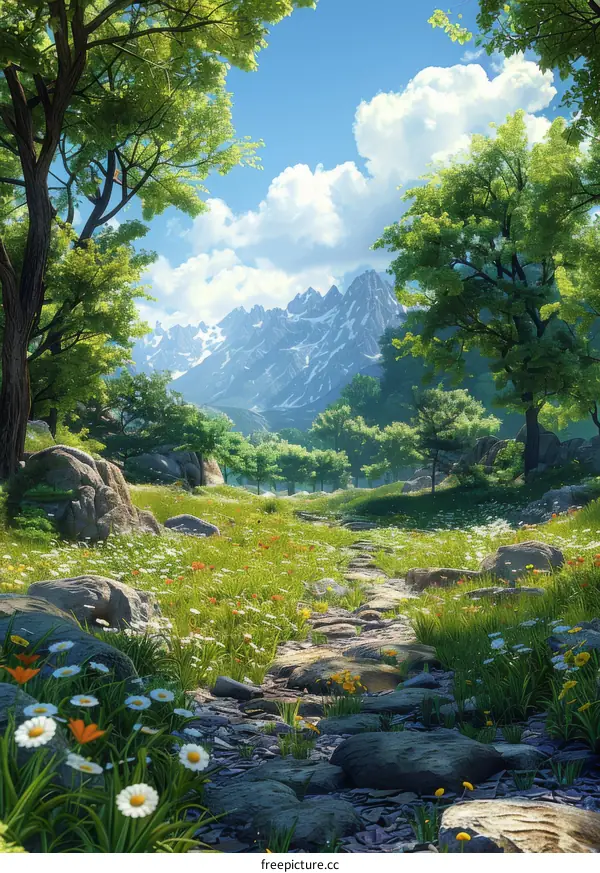 Mountain Valley Landscape with Blooming Flowers