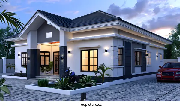 Modern Minimalist House Design with a Car and a Motorcycle