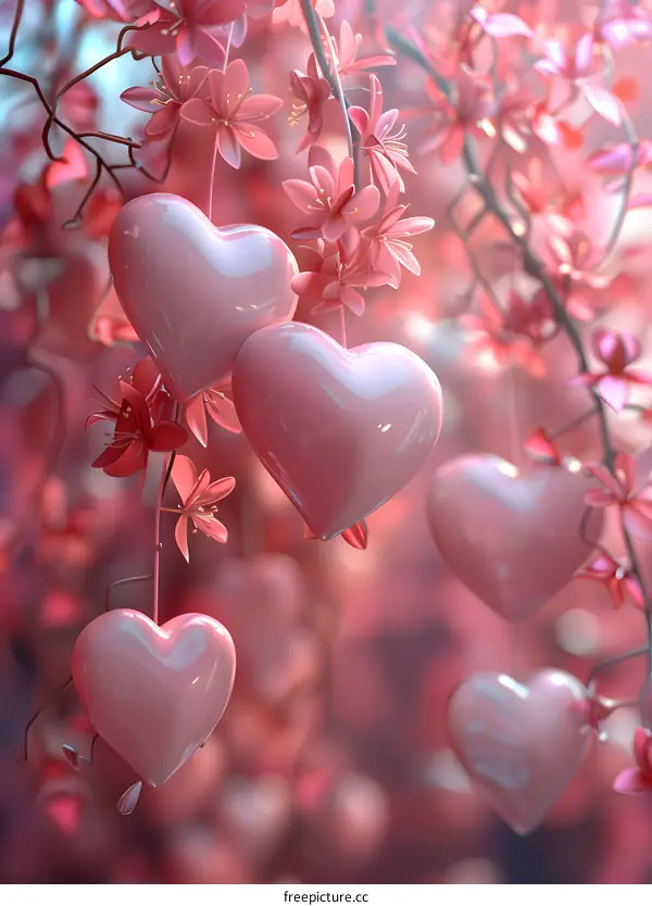 Pink heart-shaped balloons hanging from a cherry blossom tree