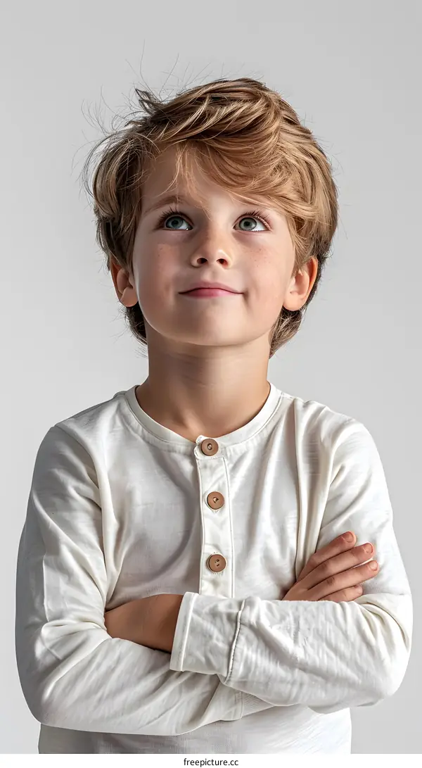 Portrait of a Young Boy with Blond Hair Looking Upwards
