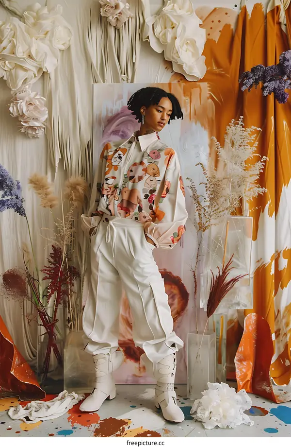 Woman Wearing White Pants And Boots Posing In Front Of Abstract Art Background