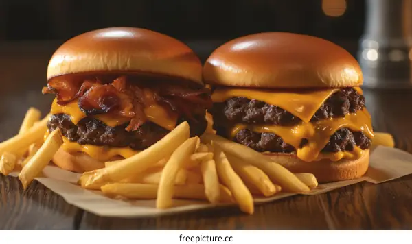 Two delicious cheeseburgers with bacon and a side of fries