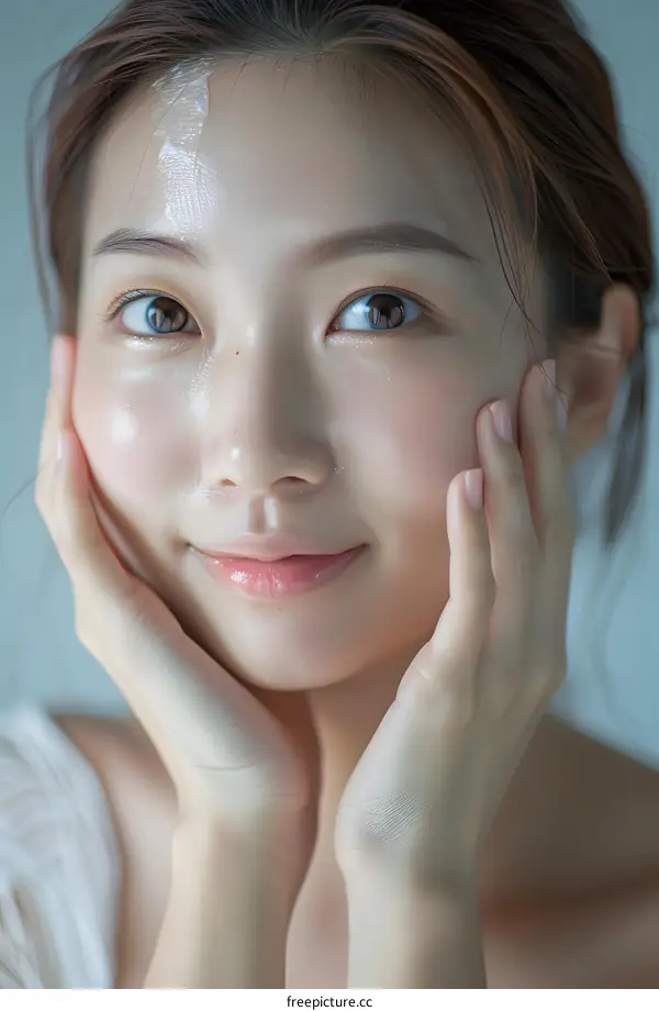 Close up Portrait of Young Woman Applying Face Cream