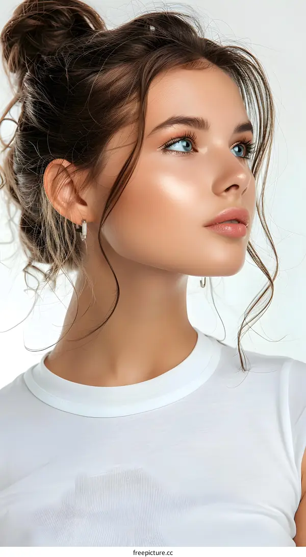 Closeup Portrait of Beautiful Young Woman with Blue Eyes and Brown Hair