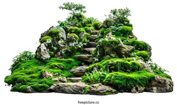 [Transparent Background PNG]Green Moss Covered Rocks and Steps Isolated on White Background