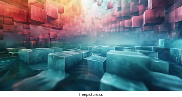 Rectangular 3D blocks floating above and below a reflective surface.