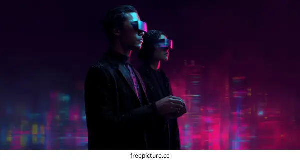 Two People Wearing VR Glasses in Cyberpunk Cityscape
